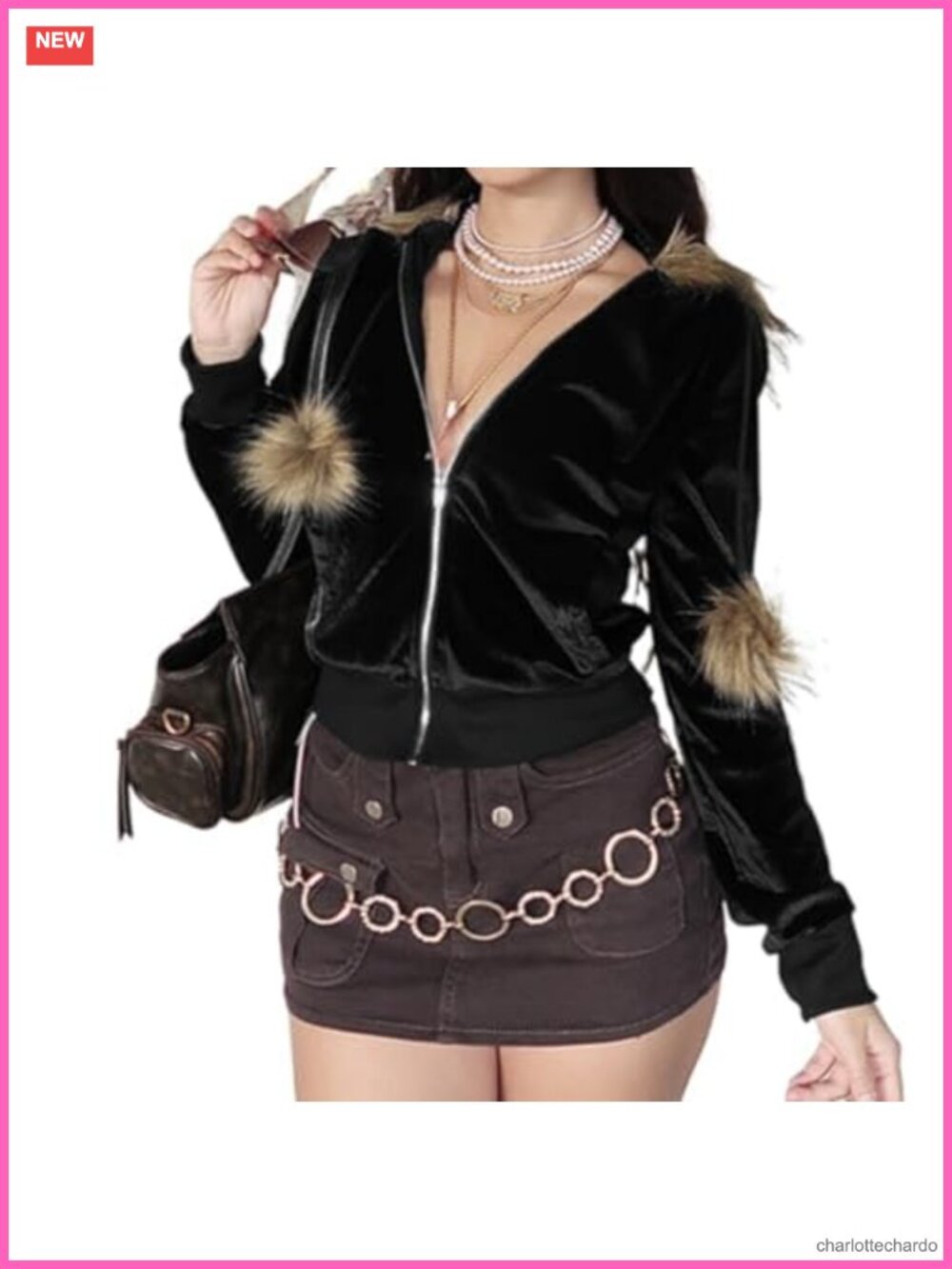Faux Fur Trim Y2K Cropped Hoodie Zip Up Velvet Sweatshirt